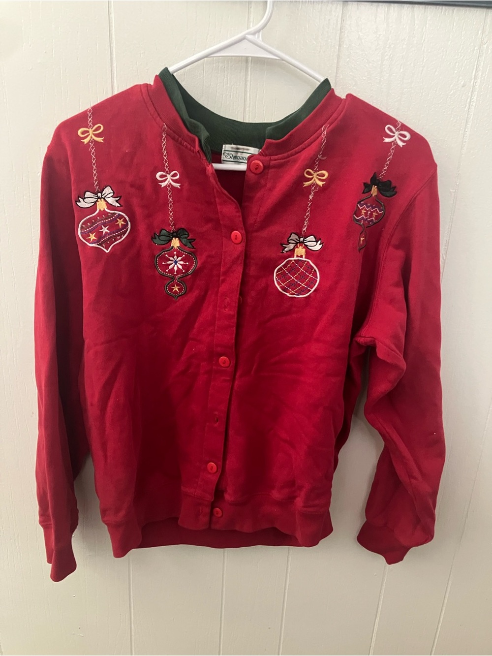Vintage Shenanigans Embroidered Christmas Ornament Cardigan Red Button Up